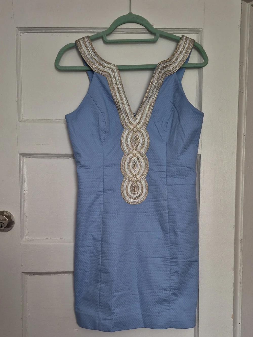 Lilly Pulitzer Powder Blue Sheath Dress with Gold Beaded V-Neck Size 4 - Picture 3 of 16